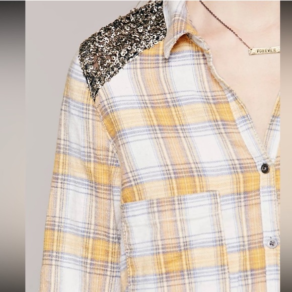 Free People Little Bit of Sugar Plaid Sequin Button Down Top - Picture 3 of 9